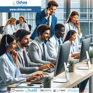 Image représentant un groupe diversifié de télésecrétaires médicaux dans un bureau moderne. On y voit des professionnels de différentes origines ethniques, dont des télésecrétaires, travaillant ensemble harmonieusement. Certains sont concentrés sur leurs ordinateurs, tandis que d'autres communiquent entre eux ou avec des patients au téléphone. En arrière-plan, on remarque des étagères avec des dossiers et des affiches informatives. Cette image illustre parfaitement le concept de télésecrétariat médical offert par ClicFone, soulignant l'importance de la diversité et de la collaboration dans le milieu médical