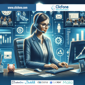 Une secrétaire virtuelle en plein travail dans un environnement de bureau moderne. Assise devant un ordinateur avec plusieurs écrans, elle gère simultanément des appels téléphoniques et des tâches numériques. À ses côtés, des icônes symbolisent la communication, la prise de rendez-vous, et la gestion financière. L'arrière-plan affiche une vue urbaine, suggérant un service de télésecrétariat accessible de n'importe où. Cette image illustre l'efficacité et la polyvalence des services de télésecrétariat d'aujourd'hui.