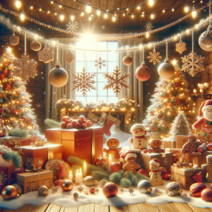 Image festive avec décorations de Noël, neige et couleurs chaleureuses, symbolisant la joie et la célébration des fêtes.