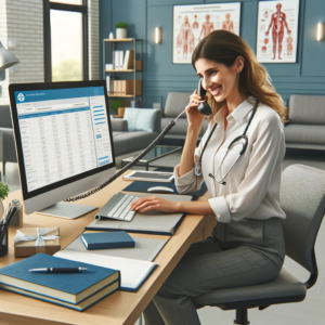 Réceptionniste médicale utilisant un ordinateur et un téléphone dans un bureau moderne et organisé, avec équipement médical visible sur le bureau